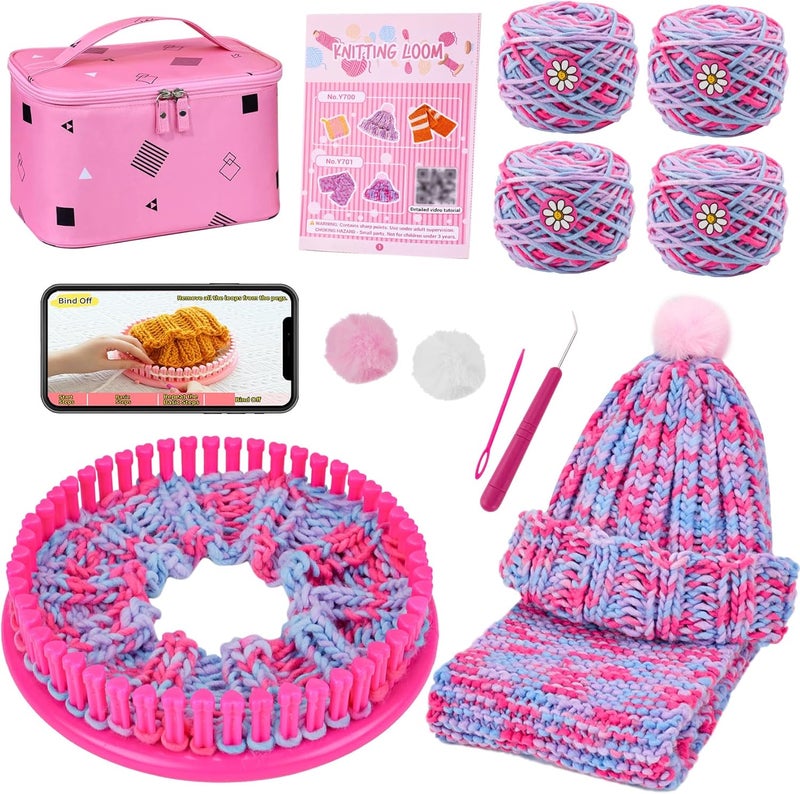 AHCo. . Knitting Loom Kit for Girls Ages 6 7 8 10 11 12 – DIY Yarn Craft Set with Looms, Hooks, Storage Bag and Tools, Create Hats, Scarves, Coasters – Fun Gift for Beginners and Kids (Rose) - Image 1